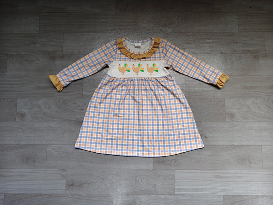 Sample-Real Pics GLD1667 Baby Girl Clothes Thanksgiving Turkey Plaid Print Long Sleeve Ruffle Dress