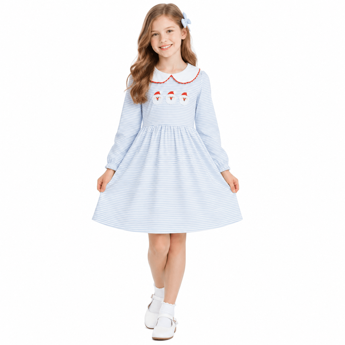 NO MOQ RTS GLD1673-embroidery Baby Girl Clothes Striped Santa Embroidery Print Long Sleeve Peter Pan Collar Casual Dress 202610