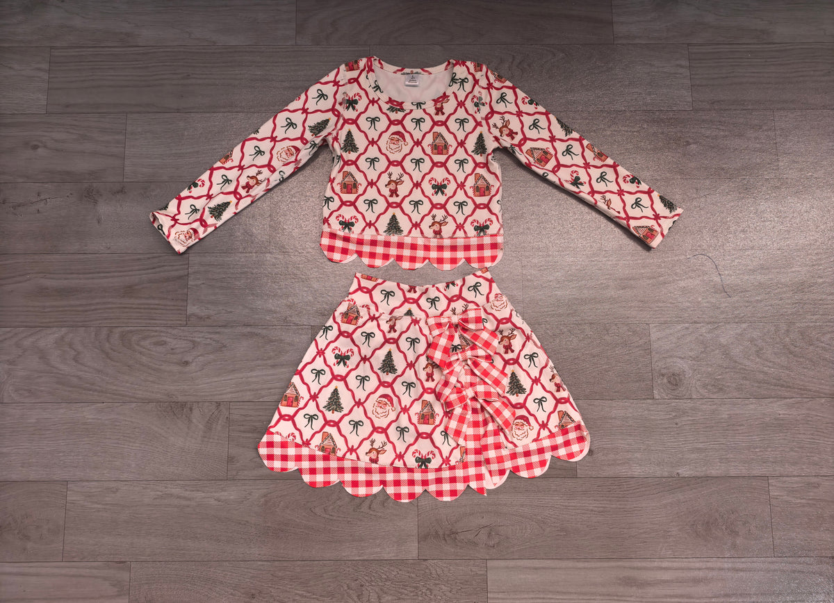 Sample-Real Pics GLD1676 Baby Girl Clothes Christmas Santa Reindeer Mixed Print Long Sleeve Scallop Hem Top & Skirt Set