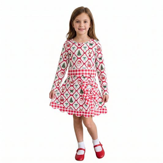 NO MOQ RTS GLD1676 Baby Girl Clothes Christmas Santa Tree Reindeer Mixed Print Long Sleeve Scalloped Top Skirt Set 202610