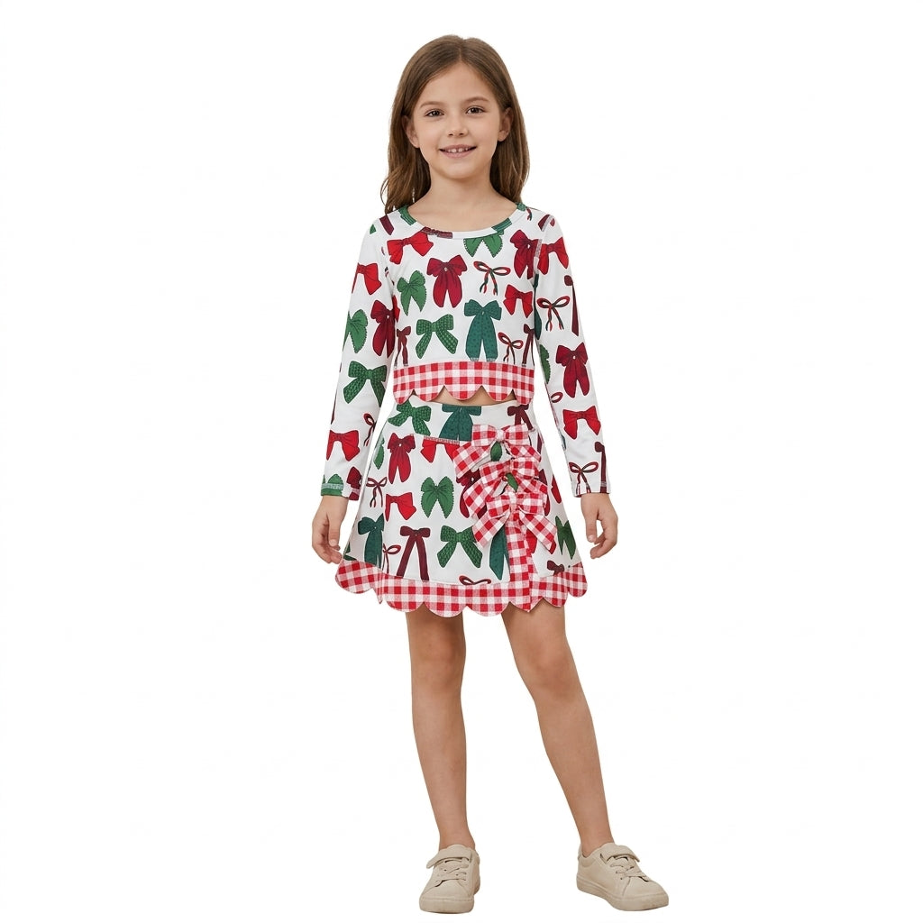 NO MOQ RTS GLD1677 Baby Girl Clothes Red Green Bow Mixed Print Long Sleeve Scalloped Top Skirt Set 202610