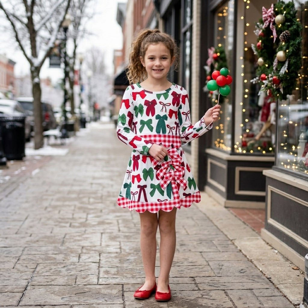 NO MOQ RTS GLD1677 Baby Girl Clothes Red Green Bow Mixed Print Long Sleeve Scalloped Top Skirt Set 202610