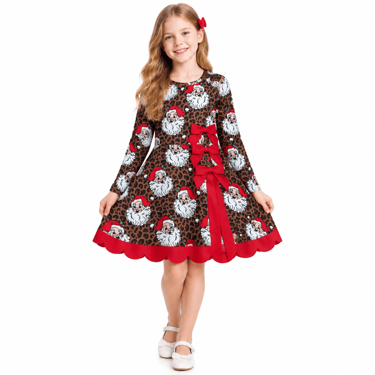 NO MOQ RTS GLD1679(1)-yoga-scallop Baby Girl Clothes Leopard Santa Mixed Print Long Sleeve Bow Scalloped Hem Dress 202610