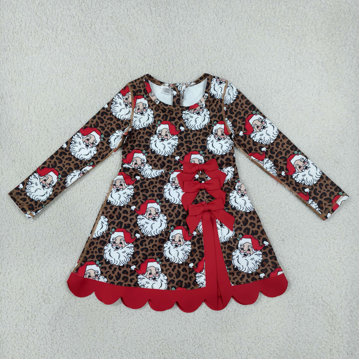 NO MOQ RTS GLD1679(1)-yoga-scallop Baby Girl Clothes Leopard Santa Mixed Print Long Sleeve Bow Scalloped Hem Dress 202610