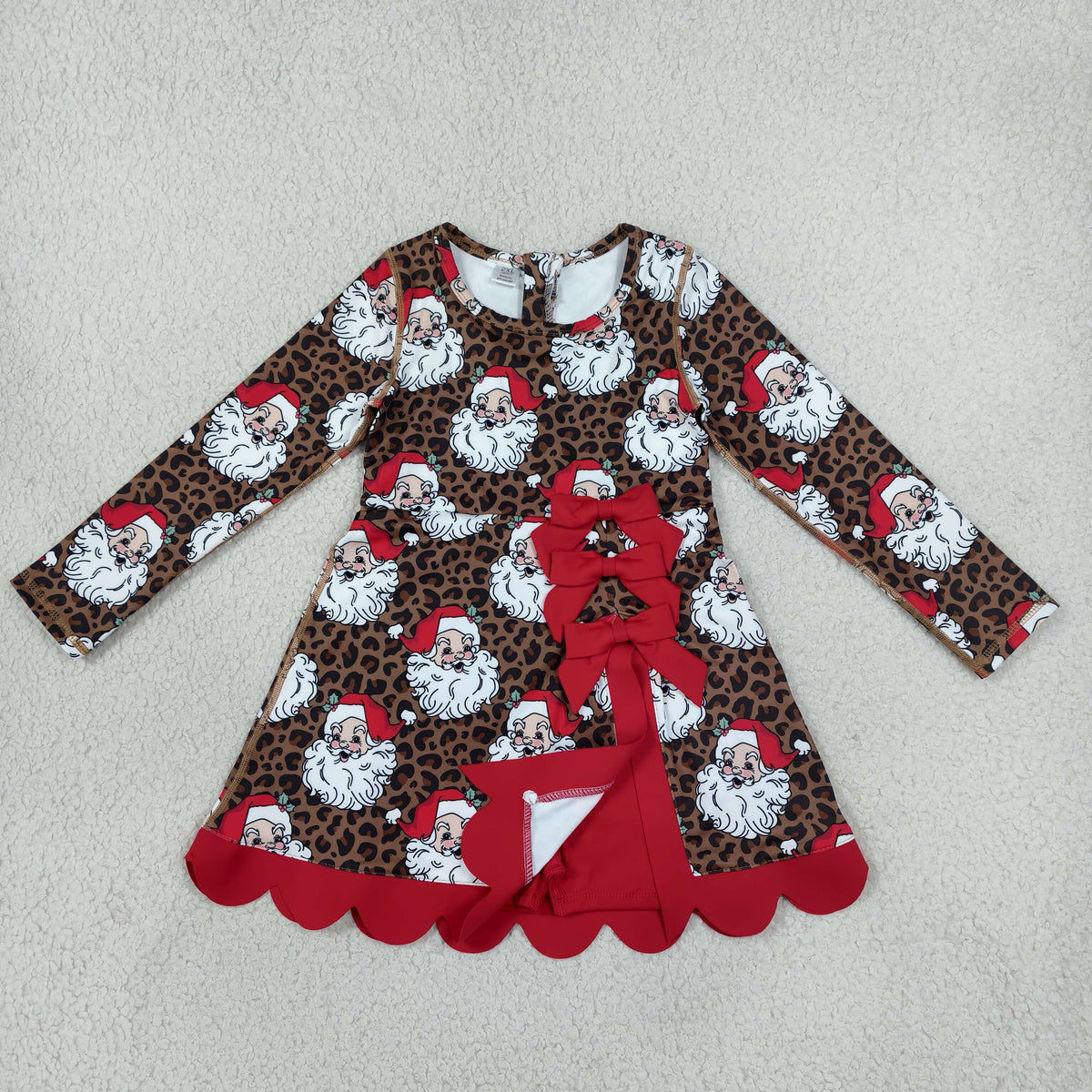 NO MOQ RTS GLD1679(1)-yoga-scallop Baby Girl Clothes Leopard Santa Mixed Print Long Sleeve Bow Scalloped Hem Dress 202610