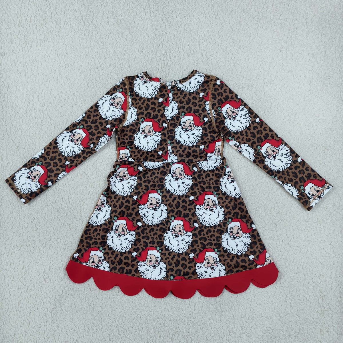 NO MOQ RTS GLD1679(1)-yoga-scallop Baby Girl Clothes Leopard Santa Mixed Print Long Sleeve Bow Scalloped Hem Dress 202610