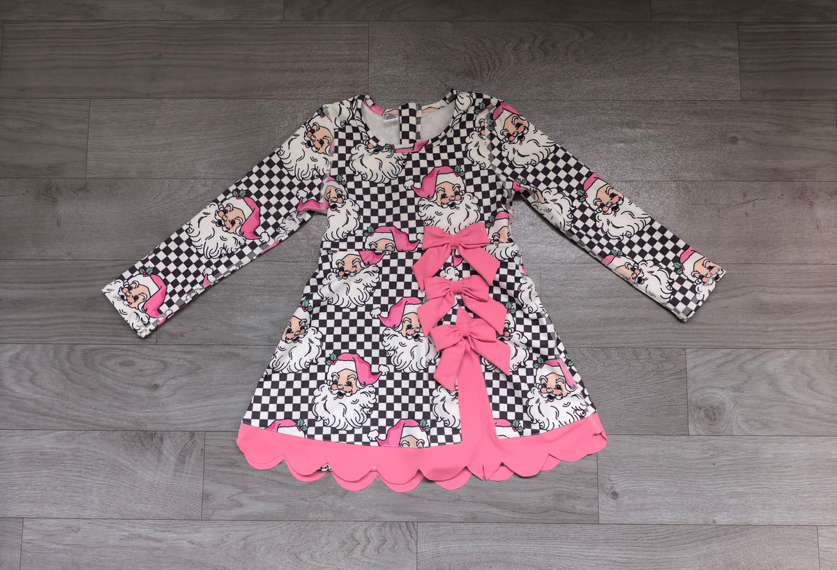 Sample-Real Pics GLD1680 Baby Girl Clothes Santa Checkered Mixed Print Long Sleeve Bow Scalloped Hem Dress