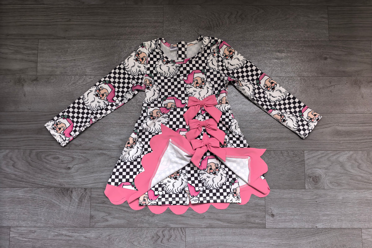 Sample-Real Pics GLD1680 Baby Girl Clothes Santa Checkered Mixed Print Long Sleeve Bow Scalloped Hem Dress