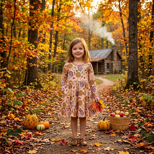 NO MOQ RTS GLD1691 Baby Girl Clothes Thanksgiving Turkey Pumpkin Pie Print Long Sleeve Dress