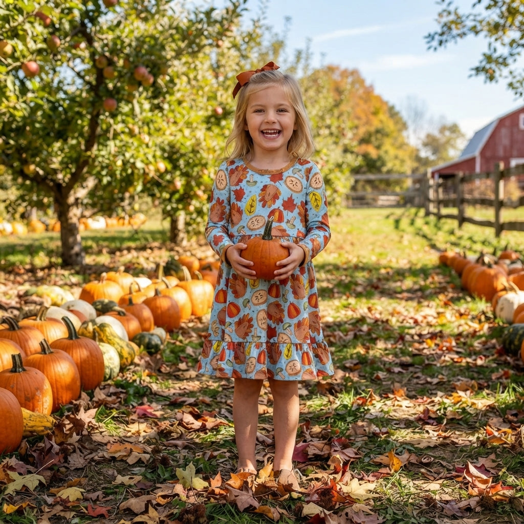 NO MOQ RTS GLD1692 (2) Baby Girl Clothes Thanksgiving Turkey Pumpkin Maple Leaf Print Long Sleeve Dress 202609