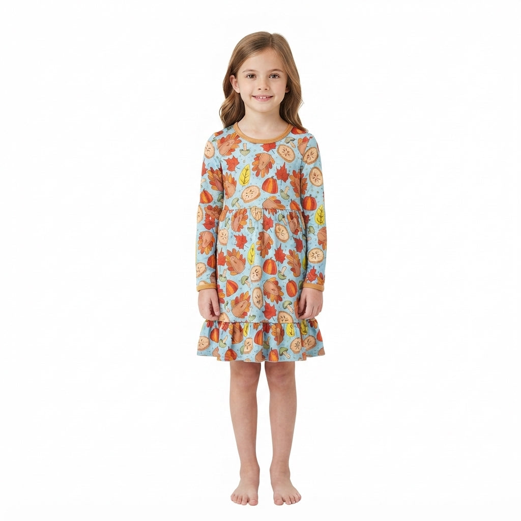 NO MOQ RTS GLD1692 (2) Baby Girl Clothes Thanksgiving Turkey Pumpkin Maple Leaf Print Long Sleeve Dress 202609