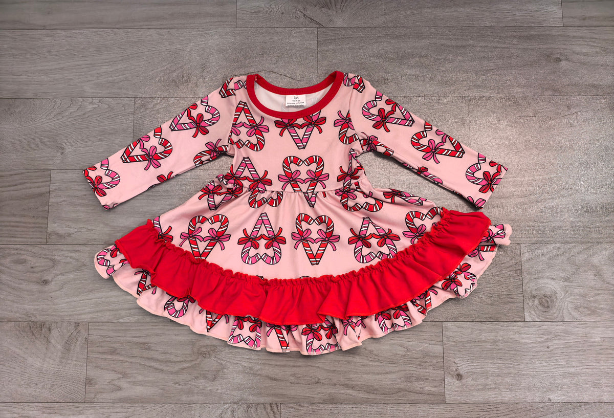 Sample-Real Pics GLD1695 Baby Girl Clothes Candy Cane Heart Valentines Print Long Sleeve Ruffle Dress