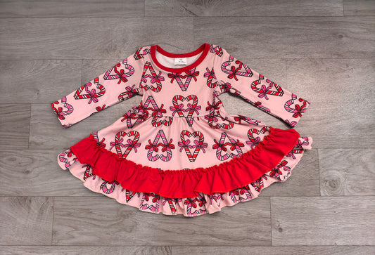 Sample-Real Pics GLD1695 Baby Girl Clothes Candy Cane Heart Valentines Print Long Sleeve Ruffle Dress