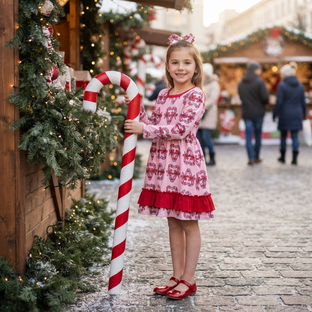 NO MOQ RTS GLD1695 Baby Girl Clothes Candy Cane Heart Allover Print Long Sleeve Ruffle Dress 202610