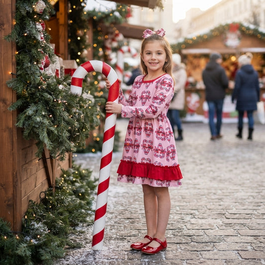 NO MOQ RTS GLD1695 Baby Girl Clothes Candy Cane Heart Allover Print Long Sleeve Ruffle Dress 202610