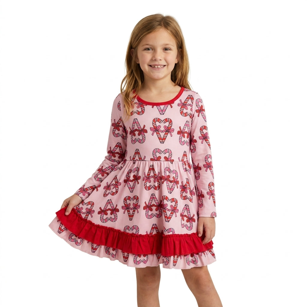 NO MOQ RTS GLD1695 Baby Girl Clothes Candy Cane Heart Allover Print Long Sleeve Ruffle Dress 202610