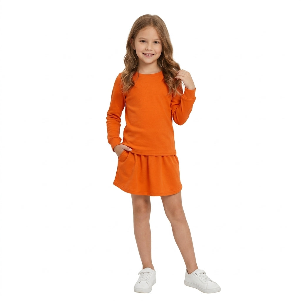 NO MOQ RTS GLD1696(1) Baby Girl Clothes Solid Orange Plain Print Long Sleeve Top Skort Outfit Set 202610