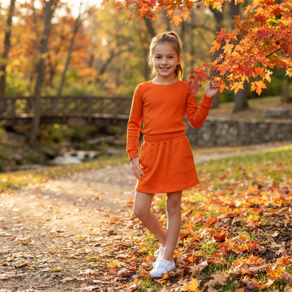 NO MOQ RTS GLD1696(1) Baby Girl Clothes Solid Orange Plain Print Long Sleeve Top Skort Outfit Set 202610