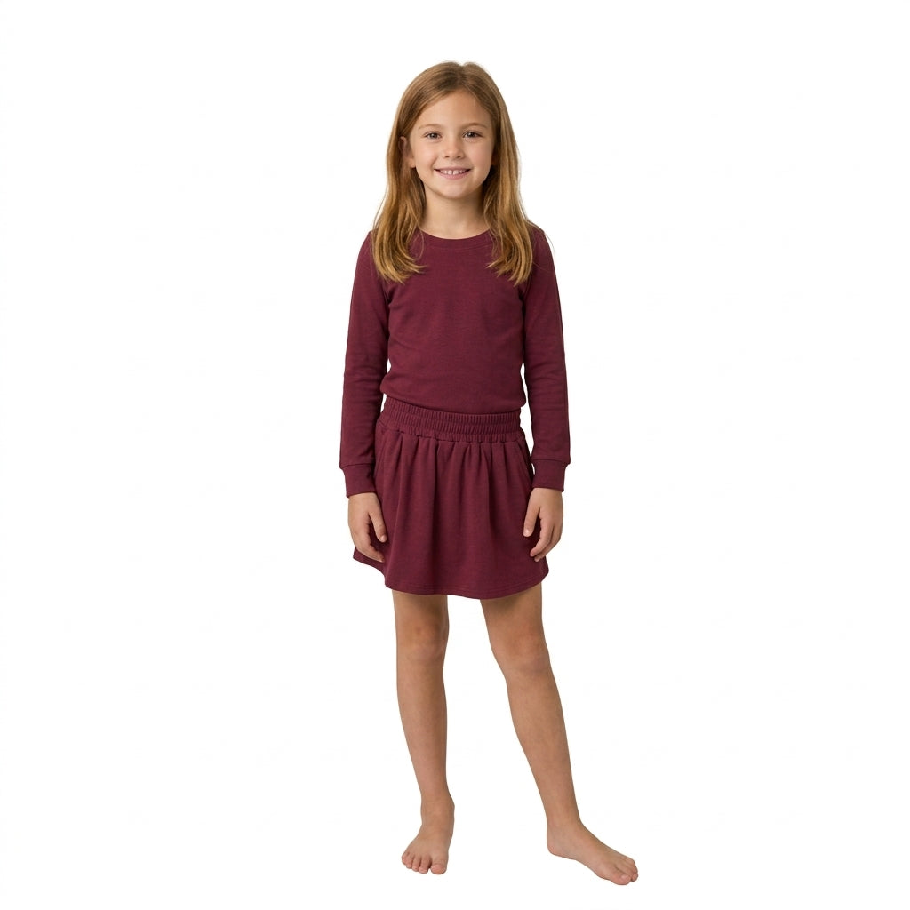 NO MOQ RTS GLD1697(1) Baby Girl Clothes Solid Burgundy Plain Print Long Sleeve Top Skort Outfit Set 202610