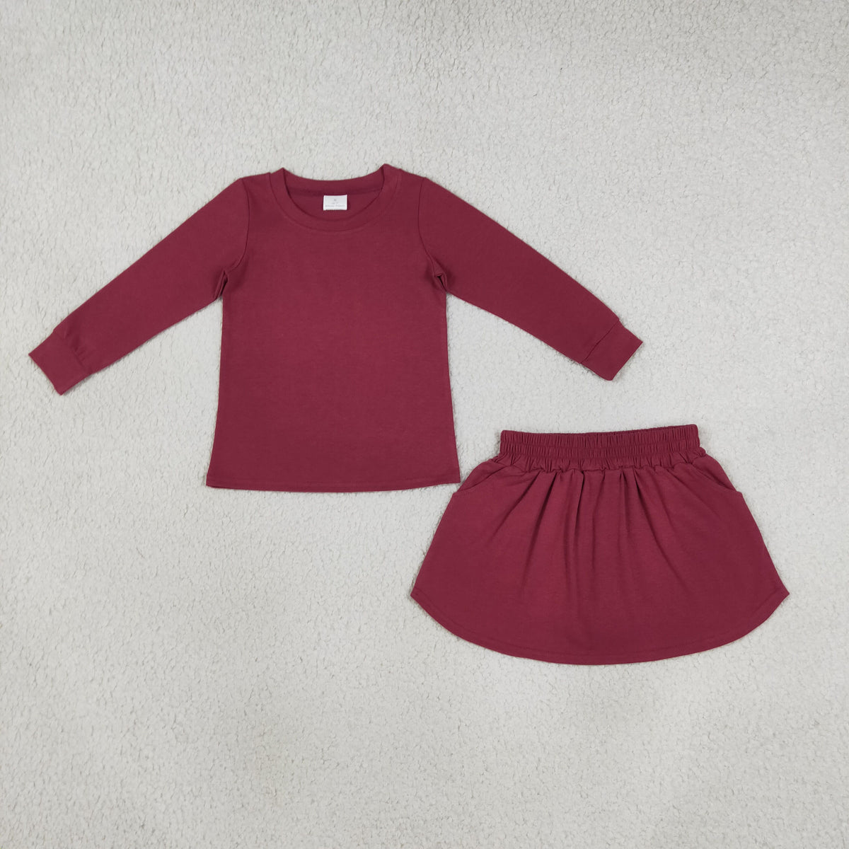 NO MOQ RTS GLD1697(1) Baby Girl Clothes Solid Burgundy Plain Print Long Sleeve Top Skort Outfit Set 202610