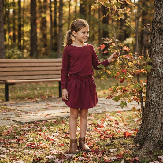 NO MOQ RTS GLD1697(1) Baby Girl Clothes Solid Burgundy Plain Print Long Sleeve Top Skort Outfit Set 202610