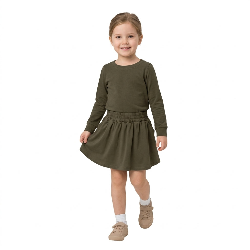 NO MOQ RTS GLD1698(1) Baby Girl Clothes Solid Olive Green Plain Long Sleeve Top Skort Set 202609
