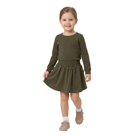 NO MOQ RTS GLD1698(1) Baby Girl Clothes Solid Olive Green Plain Long Sleeve Top Skort Set 202609