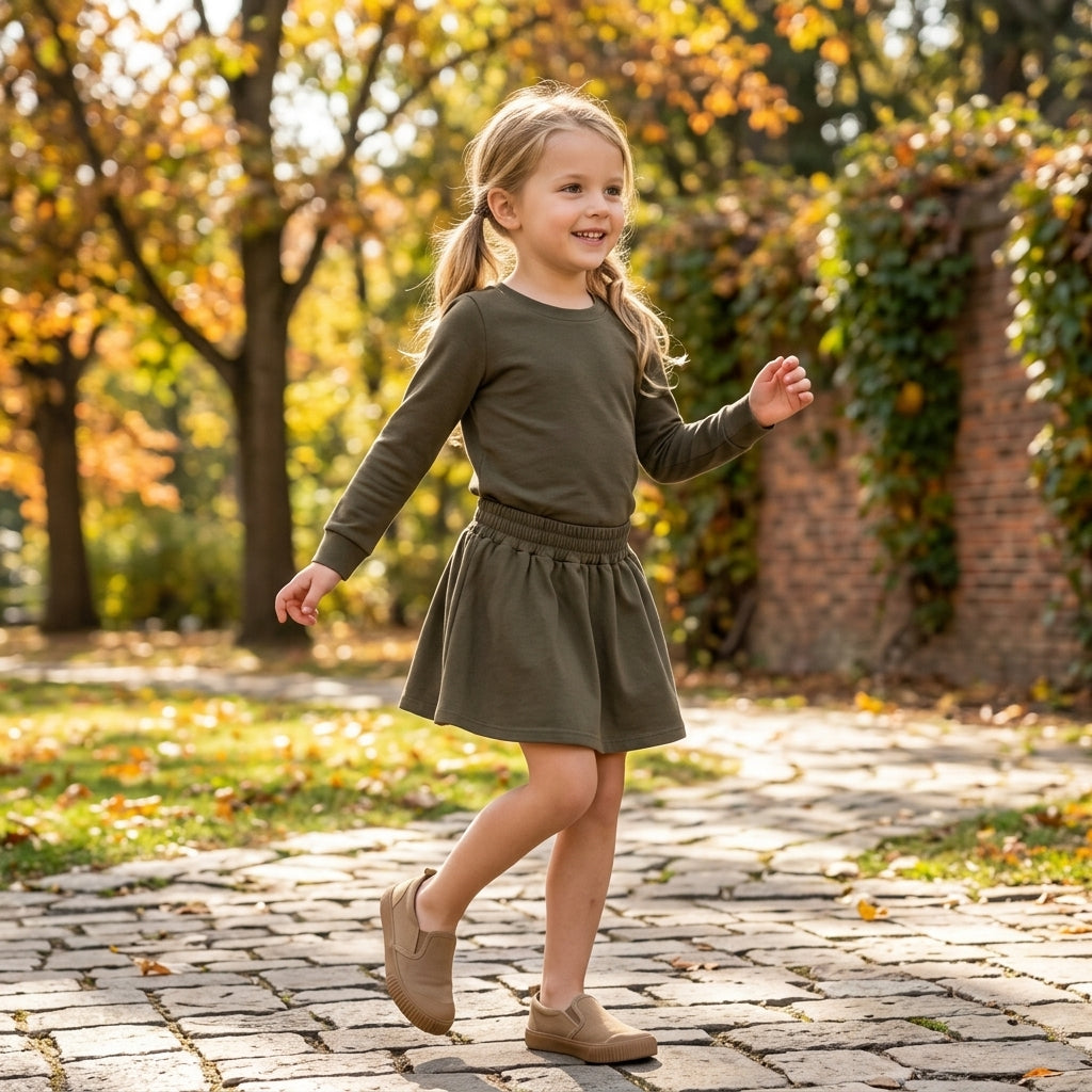 NO MOQ RTS GLD1698(1) Baby Girl Clothes Solid Olive Green Plain Long Sleeve Top Skort Set 202609