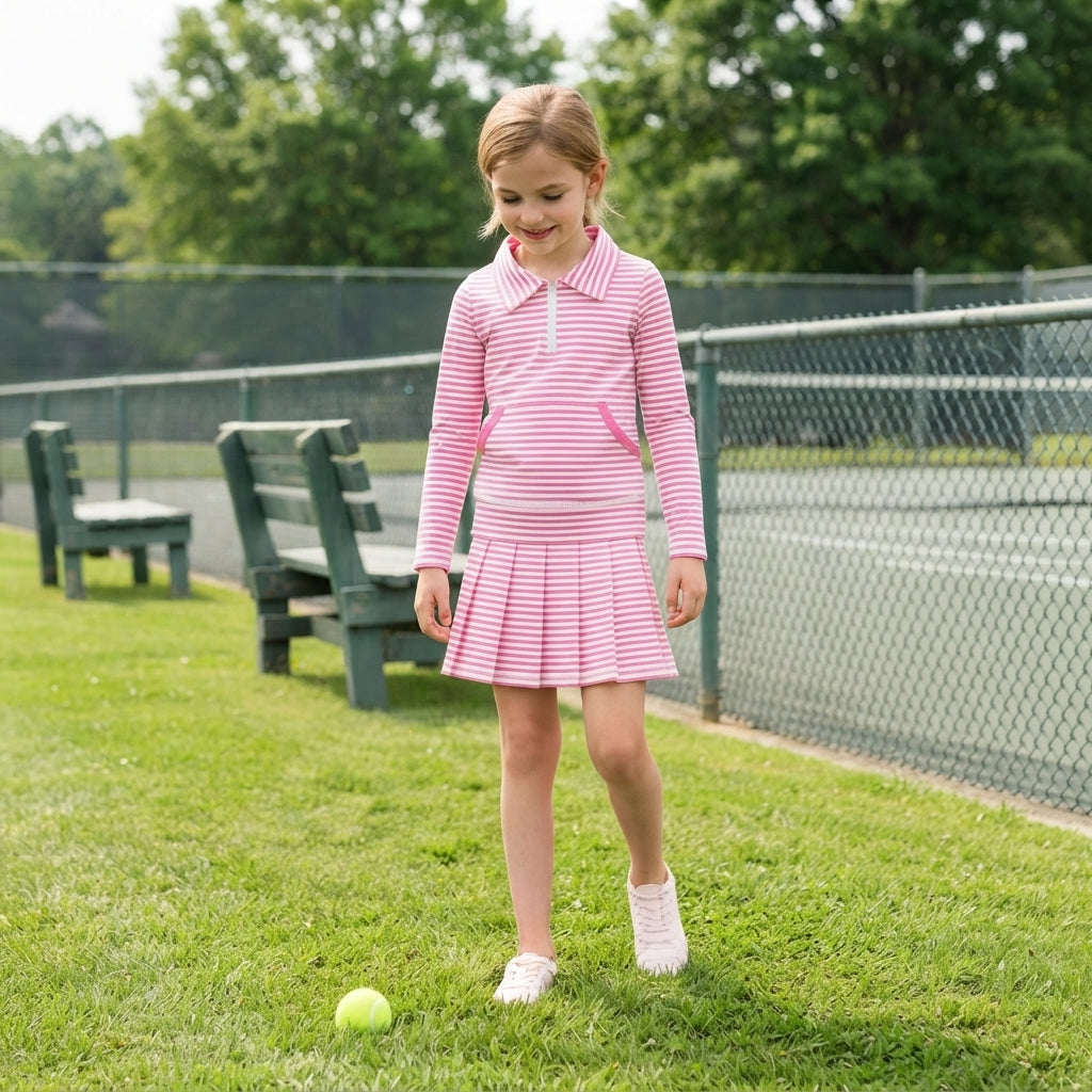 NO MOQ RTS GLK0335 Baby Girl Clothes Pink White Stripe Allover Print Long Sleeve Pleated Skort 202610