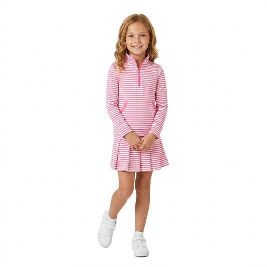 NO MOQ RTS GLK0335 Baby Girl Clothes Pink White Stripe Allover Print Long Sleeve Pleated Skort 202610