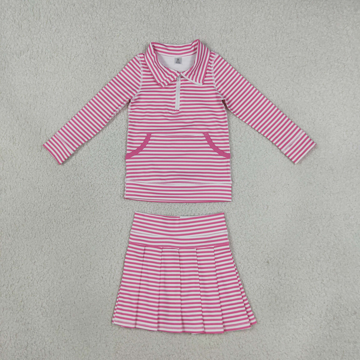 NO MOQ RTS GLD1699 Baby Girl Clothes Pink White Stripe Allover Print Long Sleeve Top Skort Set 202610