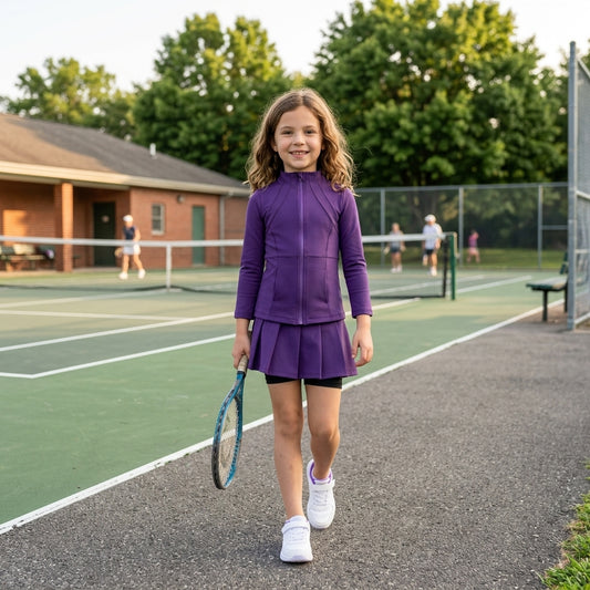 NO MOQ RTS GLD1704(1)-yoga-bundle Baby Girl Clothes Solid Purple Plain Print Long Sleeve Zip Jacket Pleated Skort Set 202609