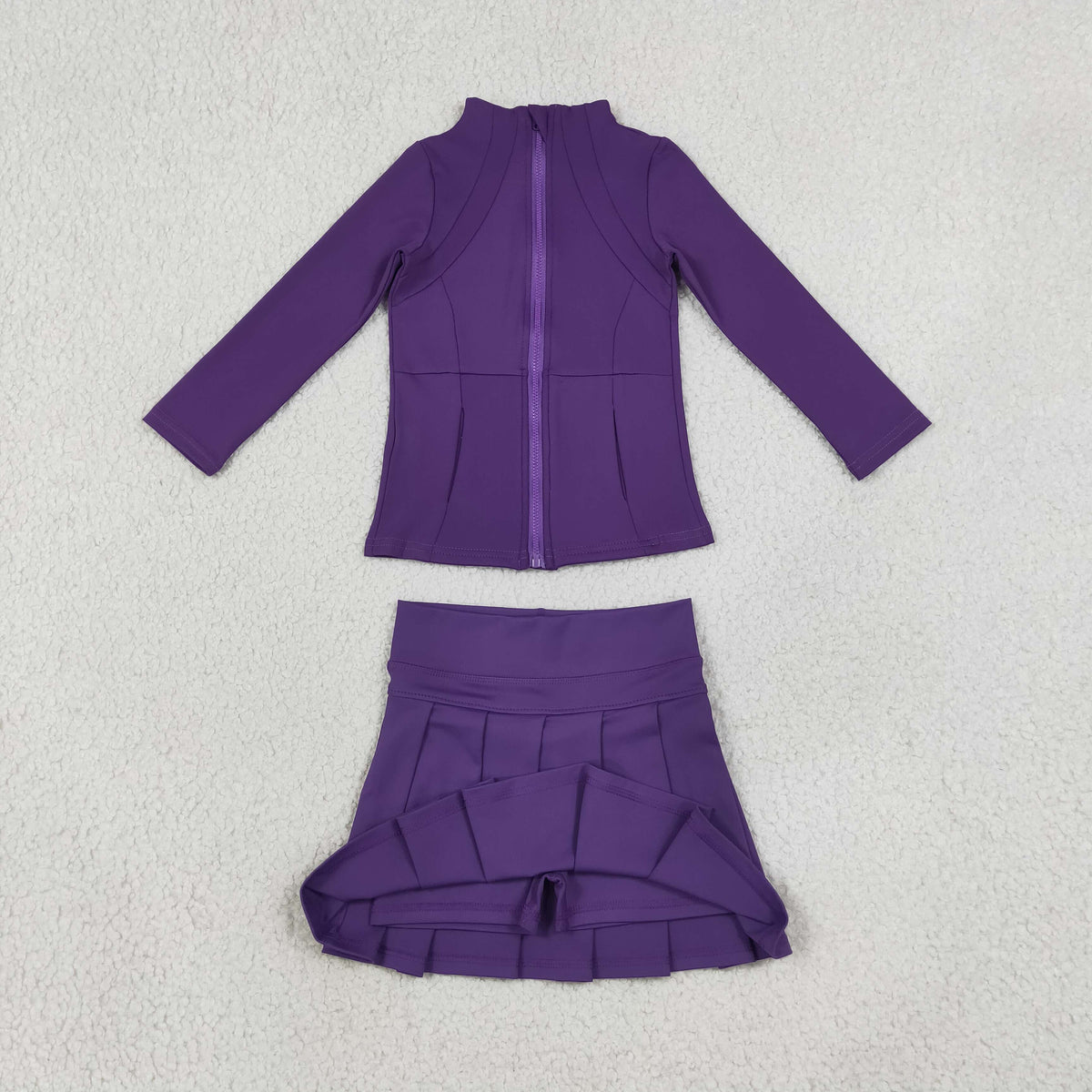 NO MOQ RTS GLD1704(1)-yoga-bundle Baby Girl Clothes Solid Purple Plain Print Long Sleeve Zip Jacket Pleated Skort Set 202609