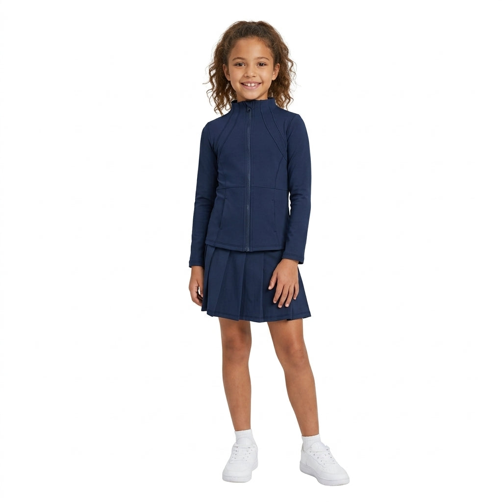 NO MOQ RTS GLD1705 Baby Girl Clothes Solid Navy Plain Print Long Sleeve Zip Top Skort Set 202610