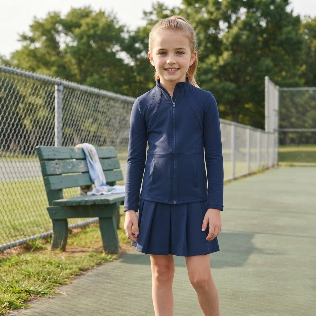 NO MOQ RTS GLD1705 Baby Girl Clothes Solid Navy Plain Print Long Sleeve Zip Top Skort Set 202610
