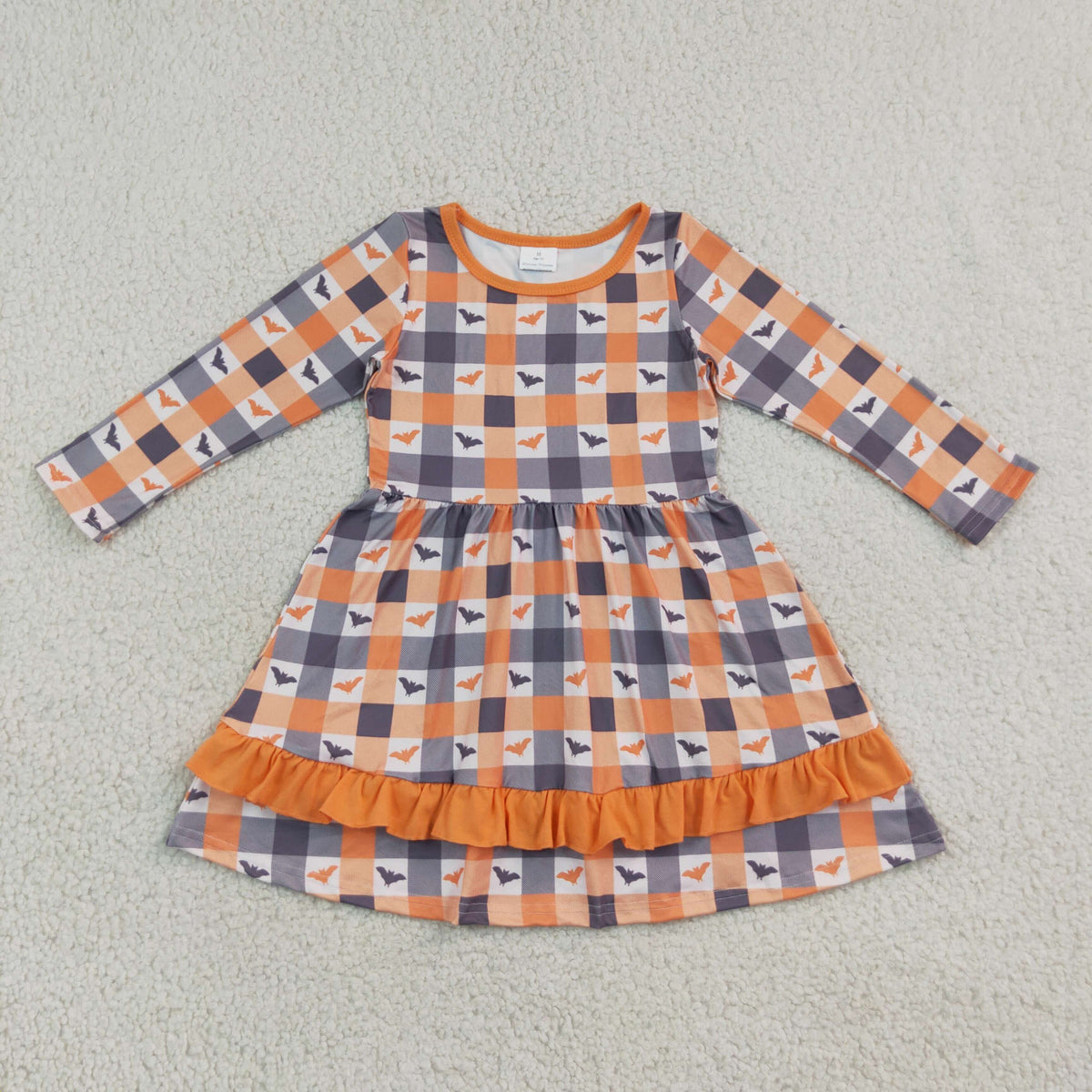NO MOQ RTS GLD1707 Baby Girl Clothes Plaid Bat Print Long Sleeve Ruffle Dress 202609