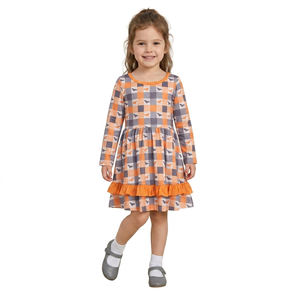 NO MOQ RTS GLD1707 Baby Girl Clothes Plaid Bat Print Long Sleeve Ruffle Dress 202609