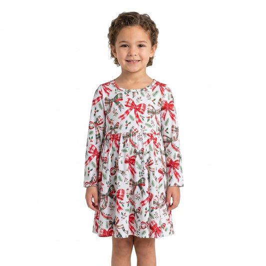 NO MOQ RTS GLD1709 Baby Girl Clothes Christmas Plaid Bow Print Long Sleeve Dress