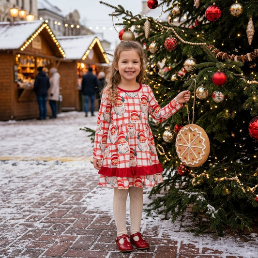 NO MOQ RTS GLD1710 Baby Girl Clothes Santa Plaid Christmas Print Long Sleeve Ruffle Hem Dress 202609