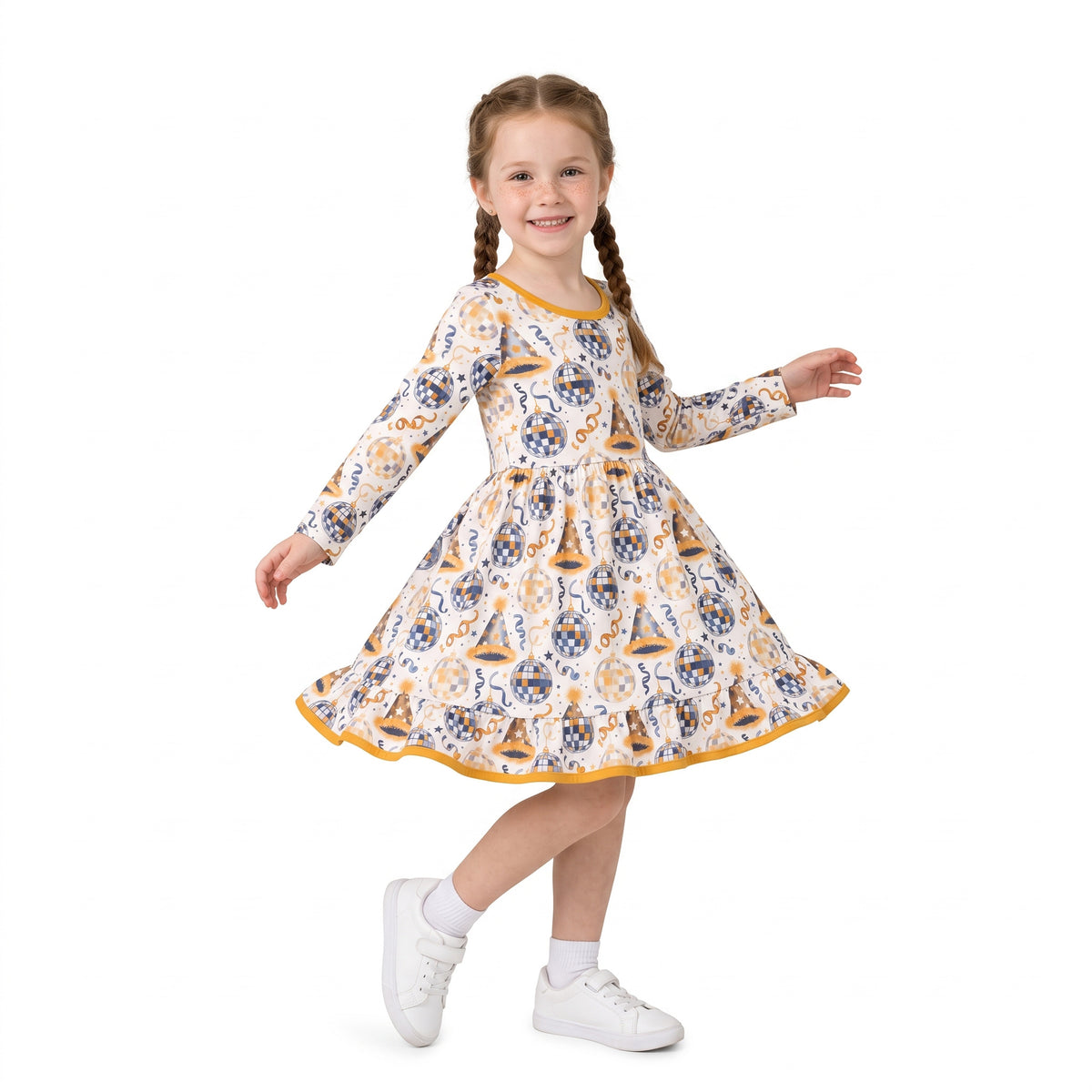 NO MOQ RTS GLD1723(1) Baby Girl Clothes Disco Ball New Year Party Hat Ribbon Print Long Sleeve Twirl Dress 202609