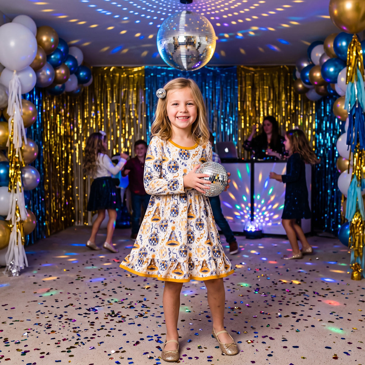 NO MOQ RTS GLD1723(1) Baby Girl Clothes Disco Ball New Year Party Hat Ribbon Print Long Sleeve Twirl Dress 202609