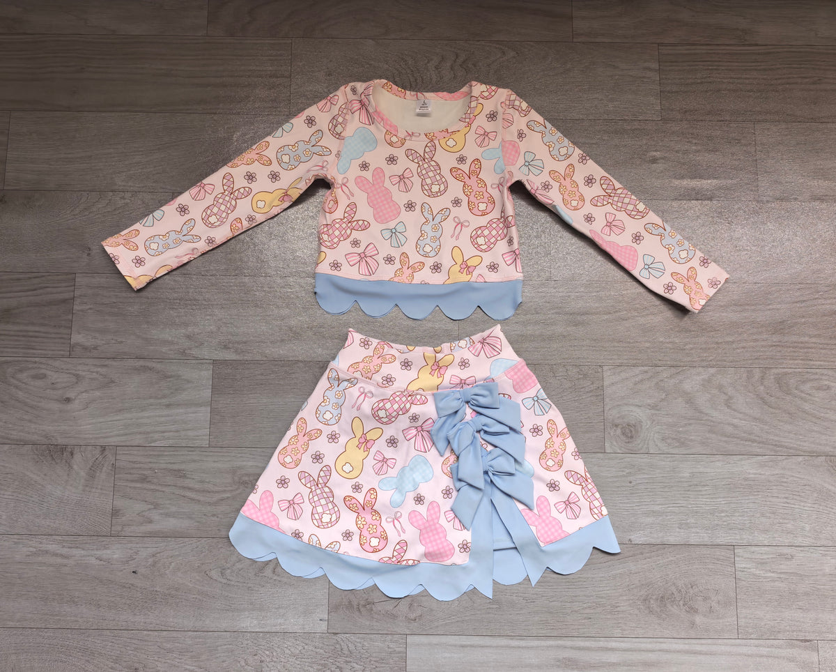 Sample-Real Pics GLD1738 Baby Girl Clothes Pastel Bunny Bow Plaid Mixed Print Long Sleeve Scallop Top Skirt Set