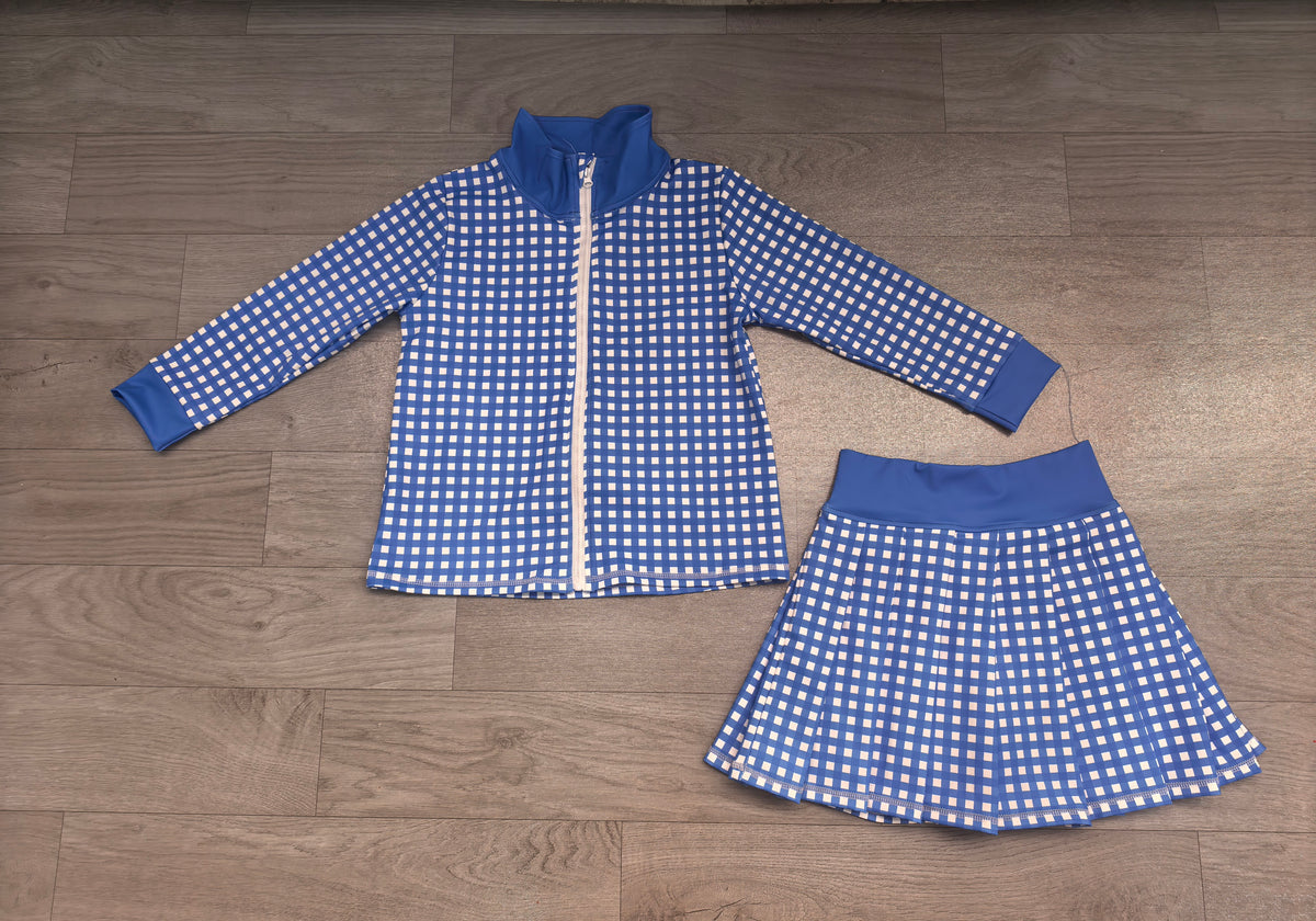 Sample-Real Pics GLD1744 Baby Girl Clothes Blue Gingham Print Long Sleeve Zip Jacket & Pleated Skort Set