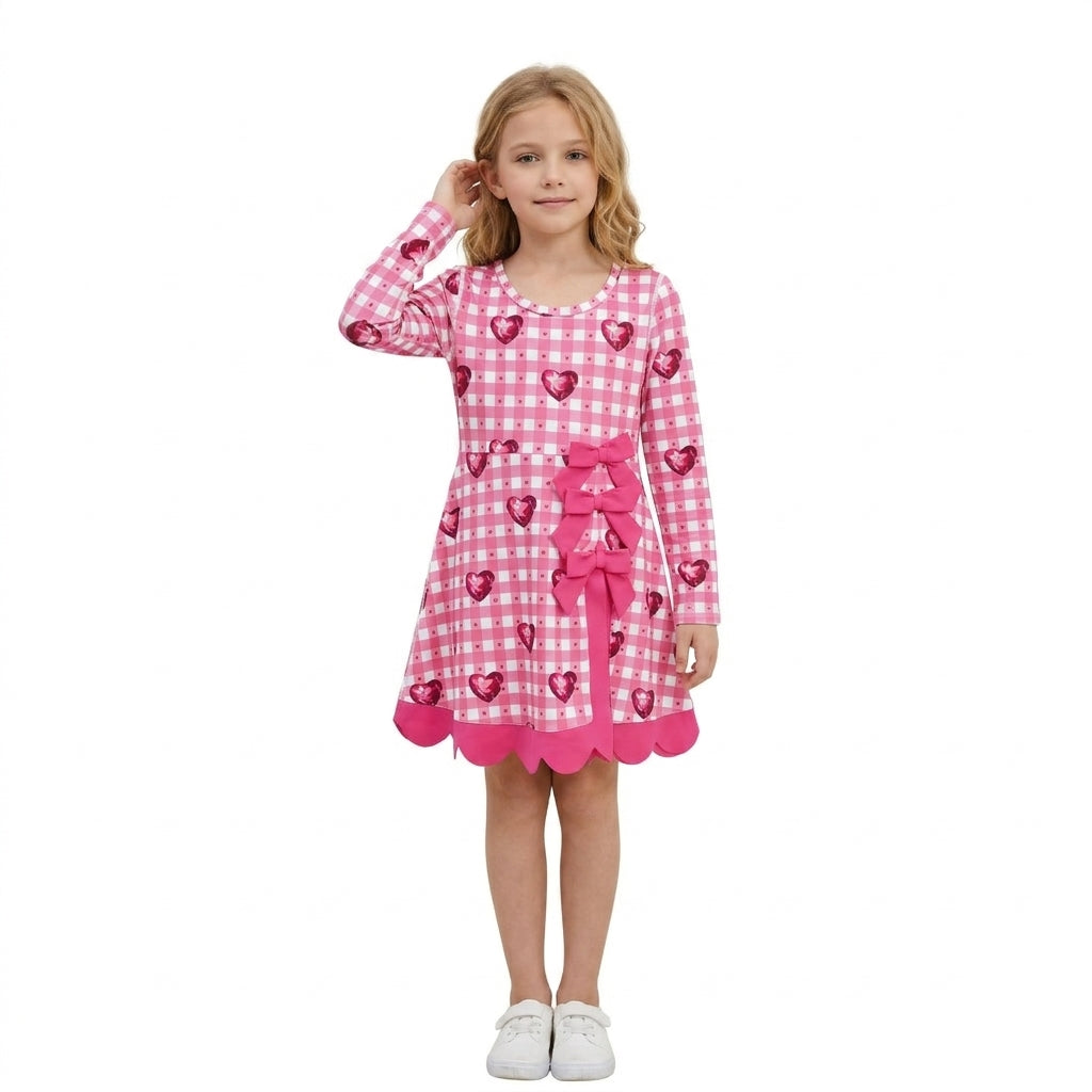 NO MOQ RTS GLD1750(1)-scallop-yoga Baby Girl Clothes Pink Gingham Gem Heart Print Long Sleeve Bow Dress 202610