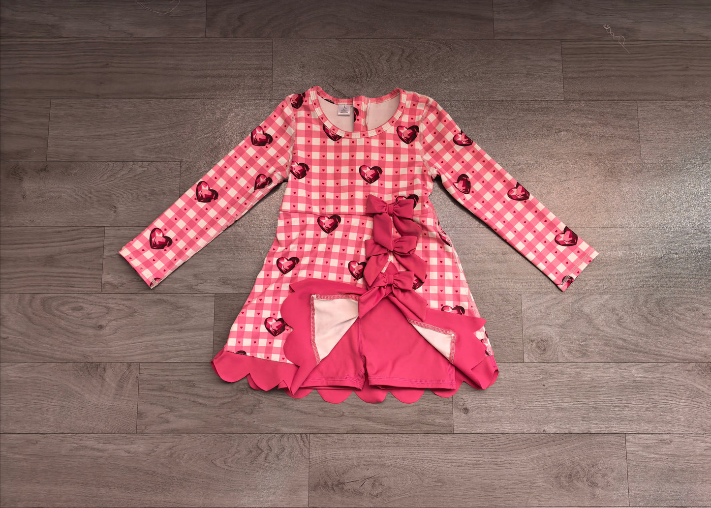 RTS GLD1750 Pink Gingham Heart Print Bow Back Girls Athletic Yoga Dress 202608
