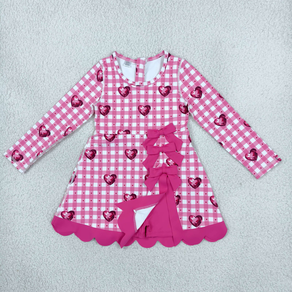 NO MOQ RTS GLD1750(1)-scallop-yoga Baby Girl Clothes Pink Gingham Gem Heart Print Long Sleeve Bow Dress 202610