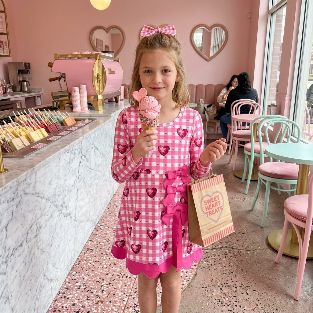 NO MOQ RTS GLD1750(1)-scallop-yoga Baby Girl Clothes Pink Gingham Gem Heart Print Long Sleeve Bow Dress 202610