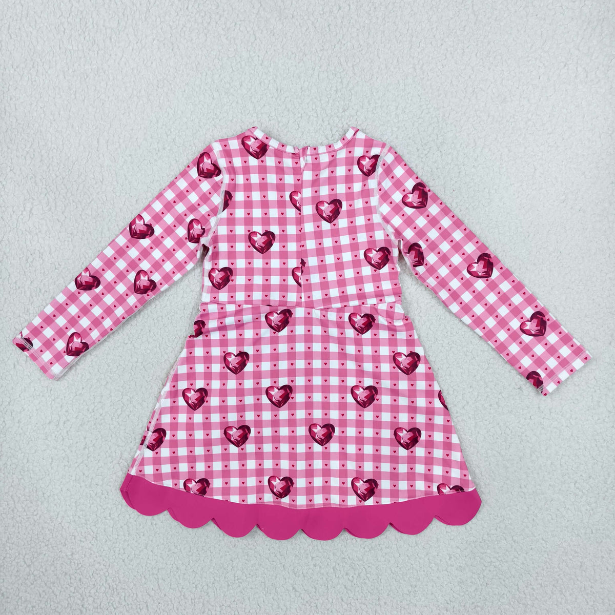 NO MOQ RTS GLD1750(1)-scallop-yoga Baby Girl Clothes Pink Gingham Gem Heart Print Long Sleeve Bow Dress 202610