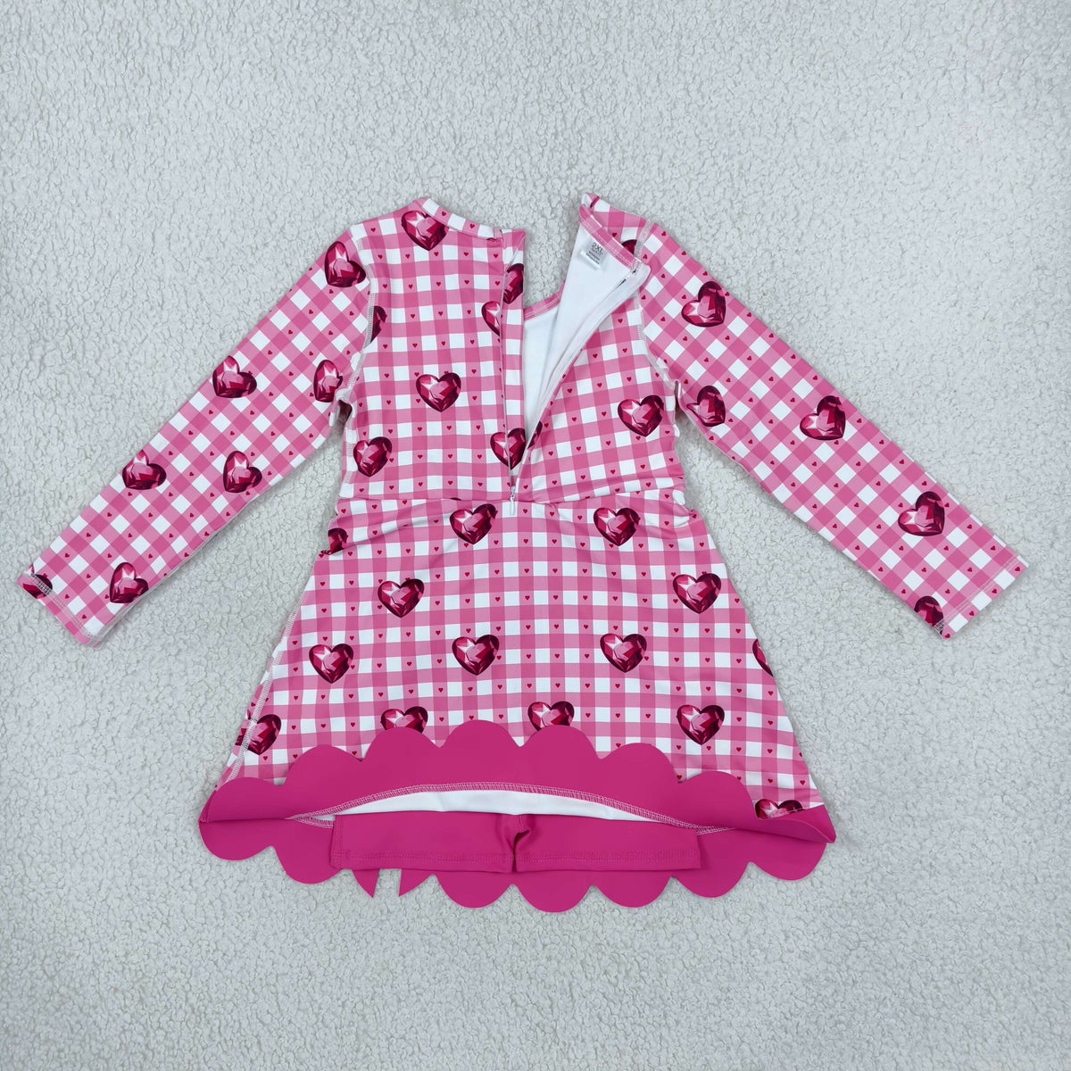 NO MOQ RTS GLD1750(1)-scallop-yoga Baby Girl Clothes Pink Gingham Gem Heart Print Long Sleeve Bow Dress 202610