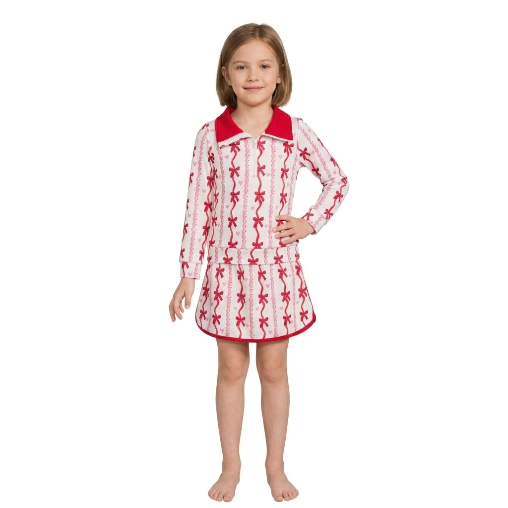 NO MOQ RTS GLD1751 Baby Girl Clothes Red Bow Heart Mixed Print Long Sleeve Top Skirt Outfit Set 202610